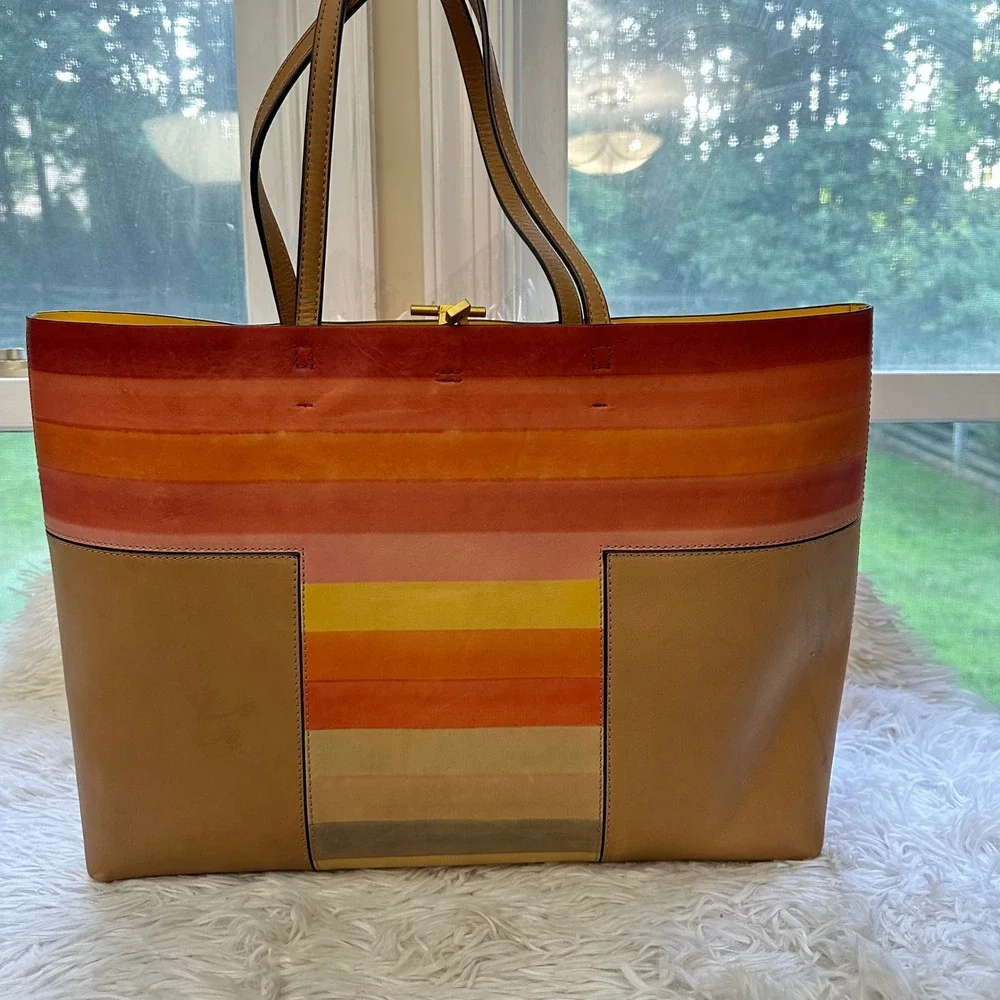 Tory Burch Striped Multicolor Leather Tote with Tan Panels